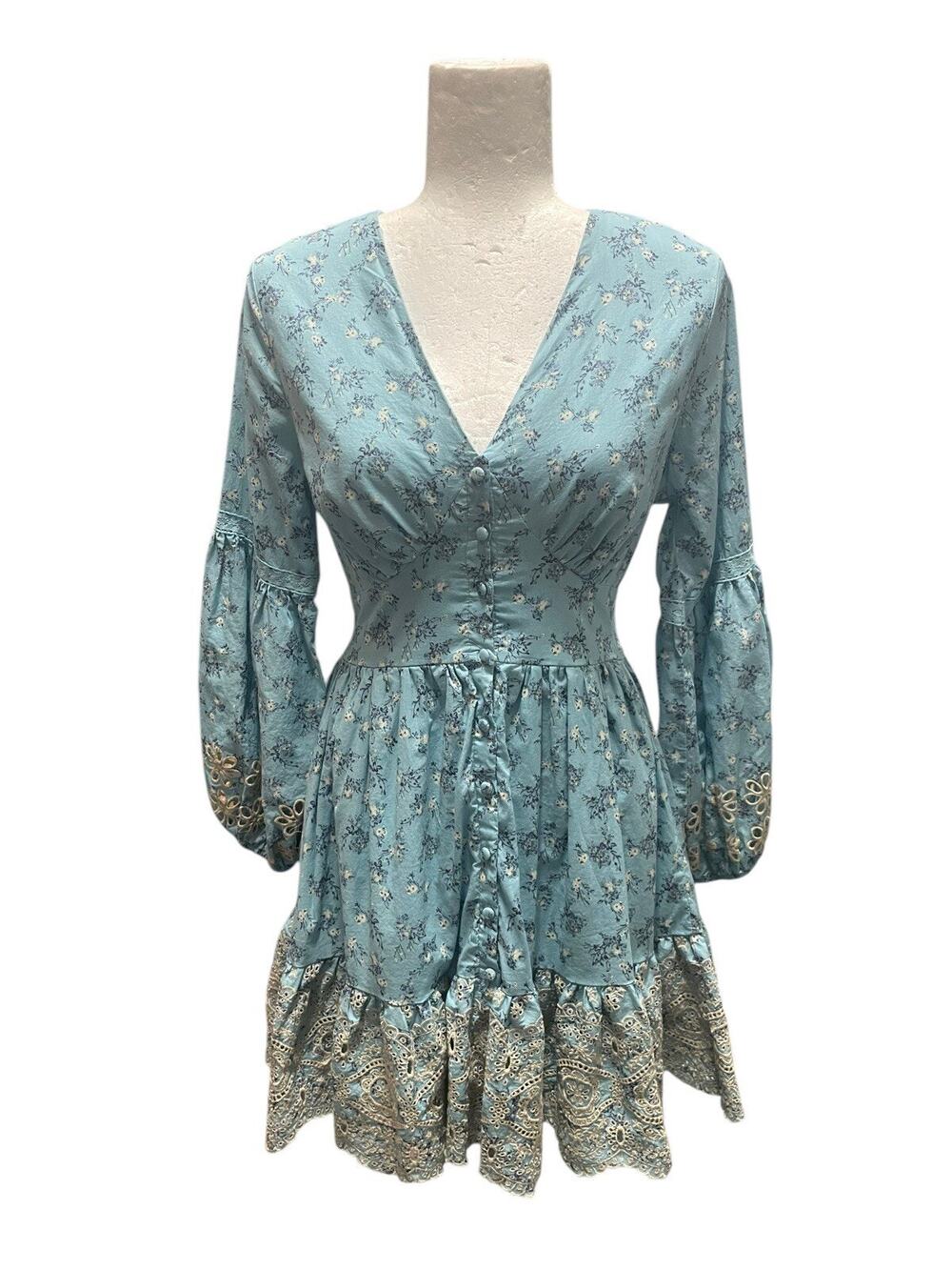 Anthropologie Collective Story Puff Sleeve Mini Dress V Neck Embroidered Medium